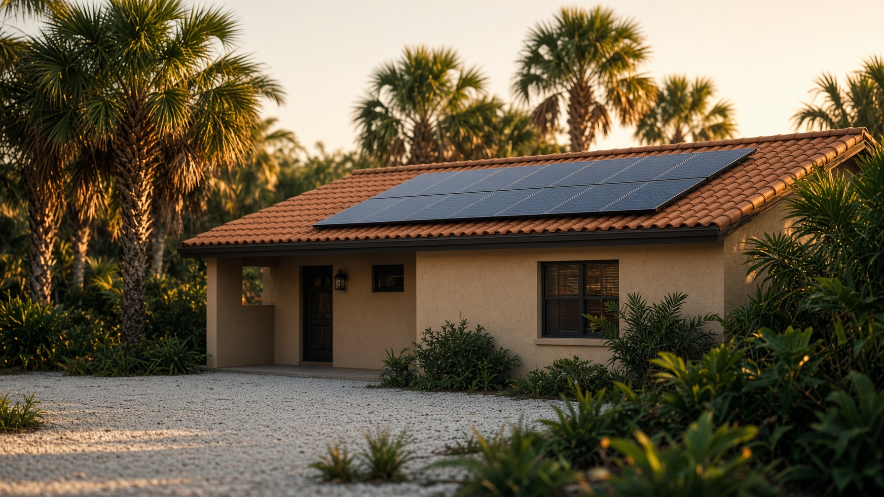 Central Florida stucco home with a clay tile roof and rooftop solar at late-afternoon light