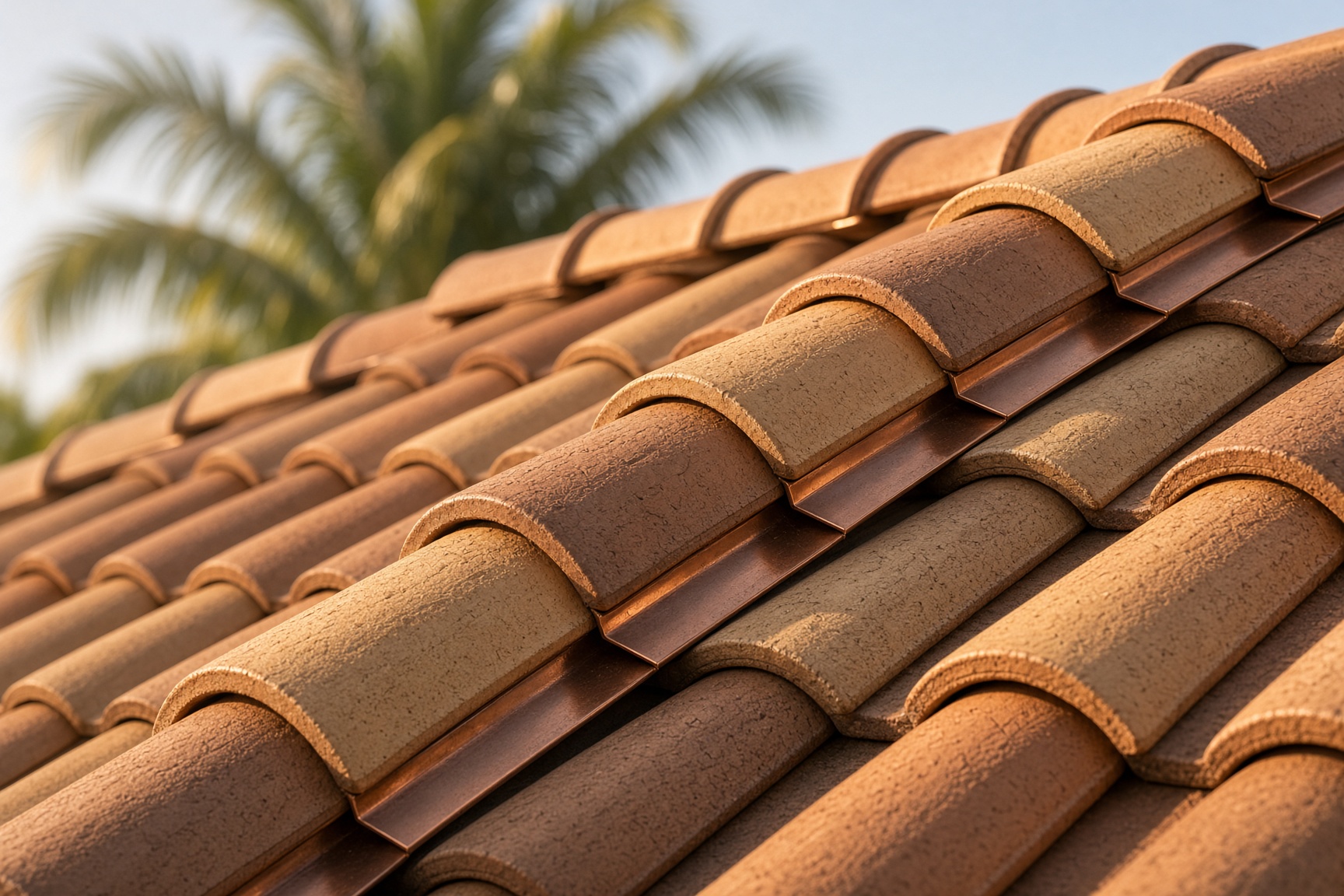 Clay barrel-tile hip and ridge with flashing on a Florida roof