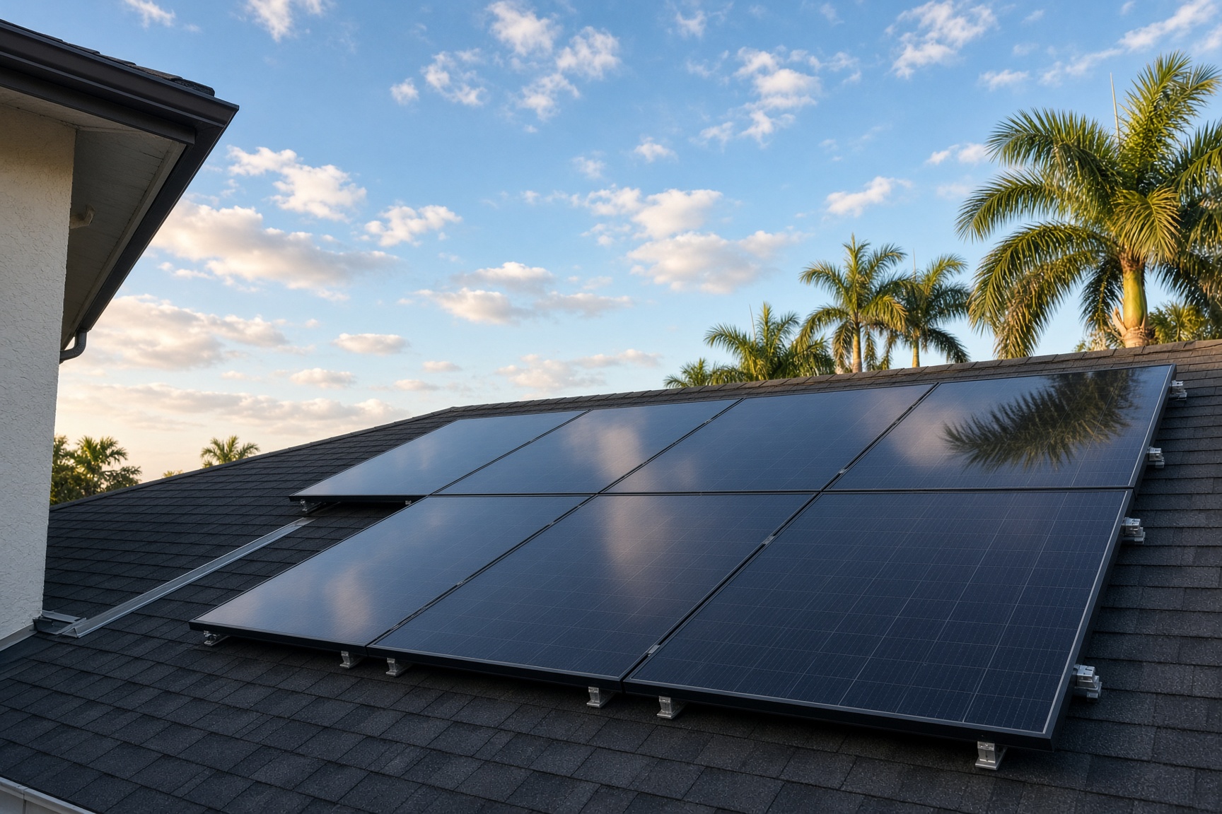 Close view of residential solar panels reflecting sky and palm fronds